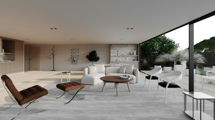 A modern living room with outdoor views
